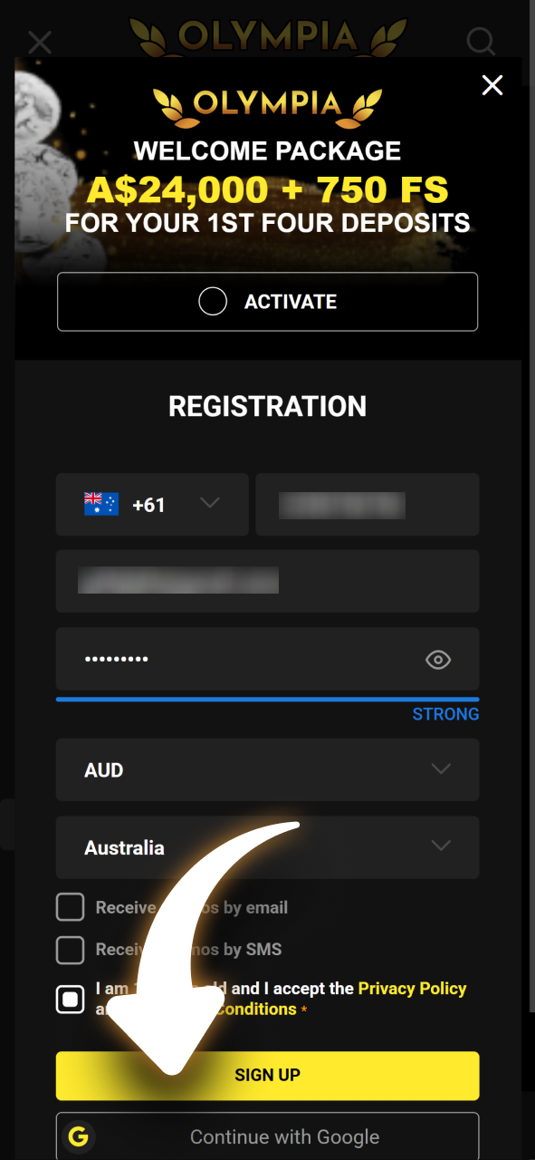 Complete the registration process in the Olympia Casino Android app.