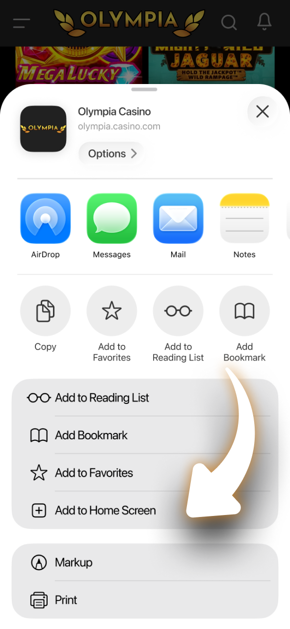 Add the Olympia Casino shortcut to your iOS home screen for instant access.