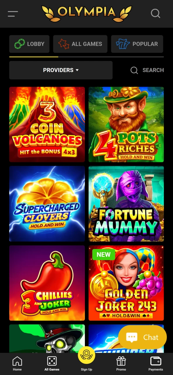 Explore the wide range of casino games on the Olympia mobile platform.