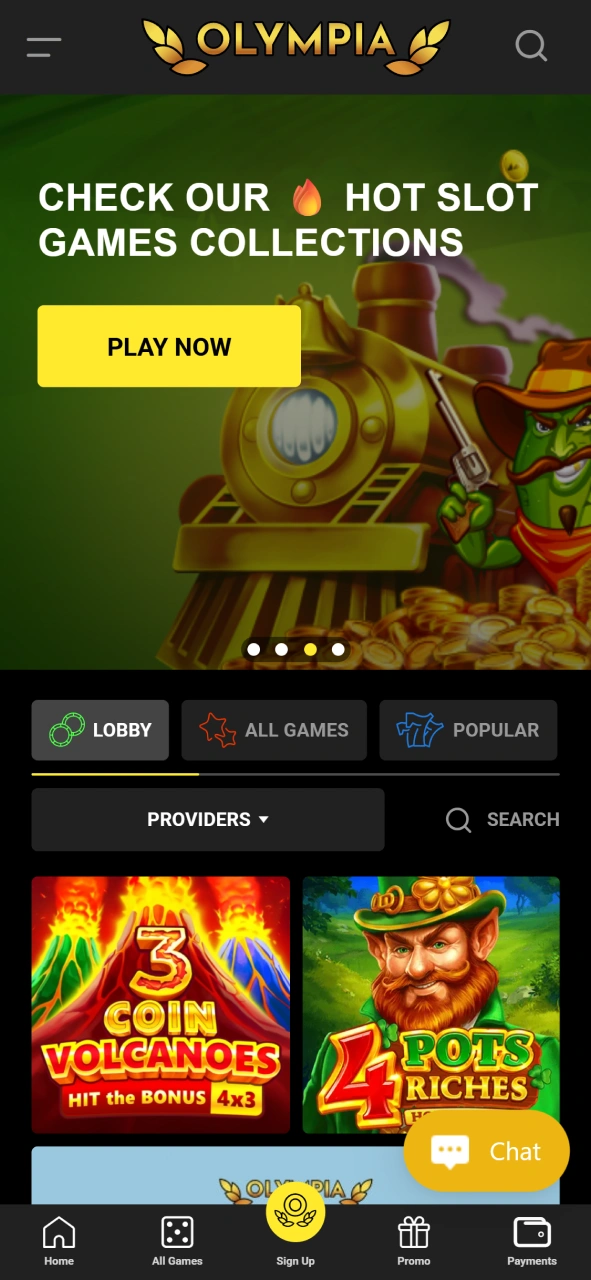 Discover the intuitive main interface of the Olympia Casino app.