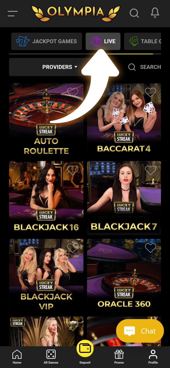 Open the live casino lobby and choose from various tables at Olympia.