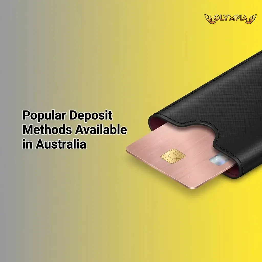 Popular deposit methods for Australian players including Visa, MasterCard, e-wallets, and crypto options at Olympia Casino.