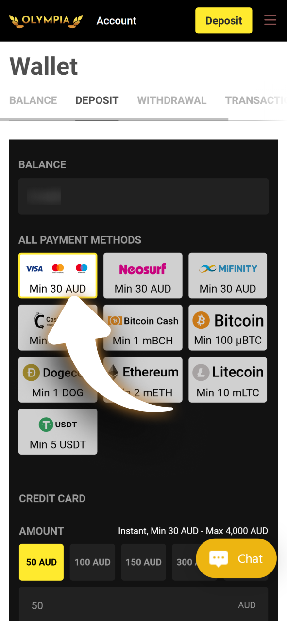Choose your preferred payment method for a secure deposit at Olympia.