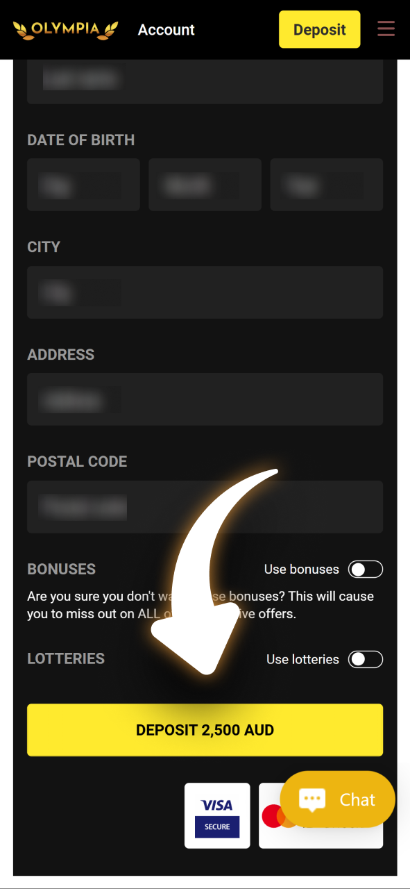Confirm your deposit transaction to start playing at Olympia.