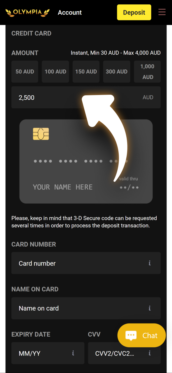 Enter the amount you wish to deposit into your Olympia balance.