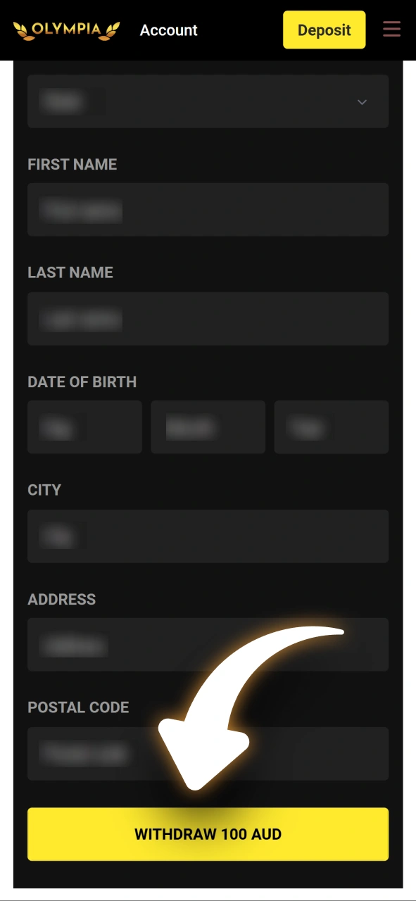 Confirm your withdrawal request for fast processing at Olympia Casino.