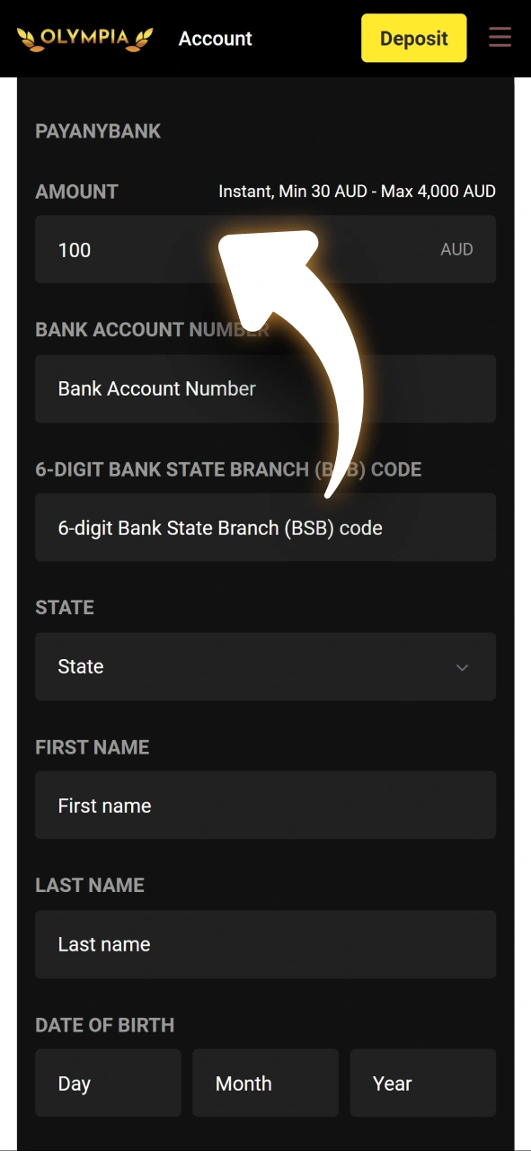 Specify the amount you want to withdraw from your Olympia account.