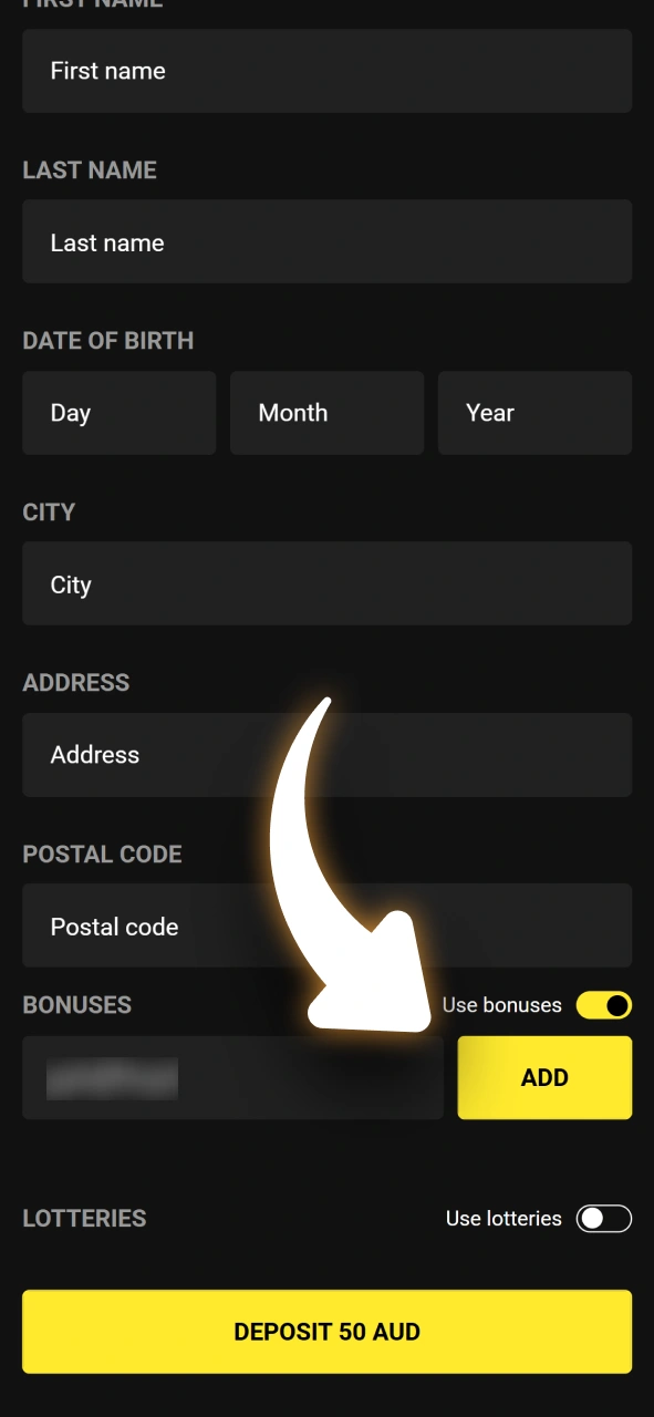 Enter your unique promo code in the designated field at Olympia Casino.