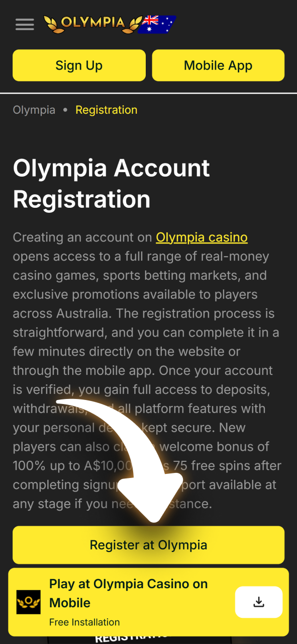 Click the Sign Up button to begin your registration at Olympia.